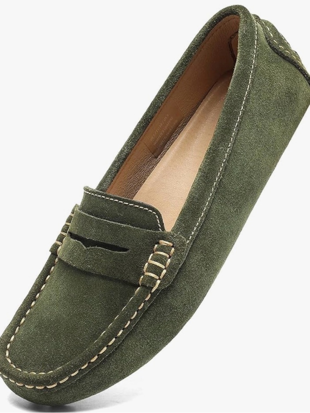 Womens Olive Suede Penny Loafers - Slip-On Comfort